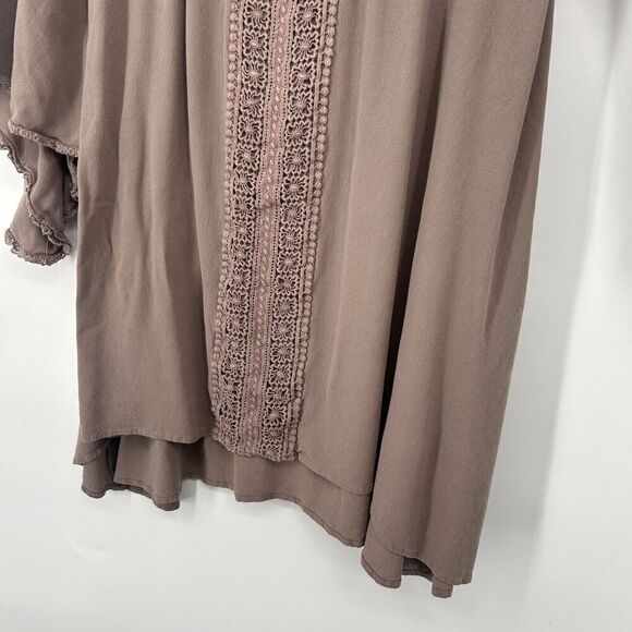 Earthbound Trading Co Boho Mini Dress Brown Crochet Long Bell Sleeves Size XL - Picture 3 of 8